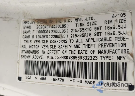 2005 Honda Cr-V Ex from USA, damaged, VIN SHSRD78855U332323